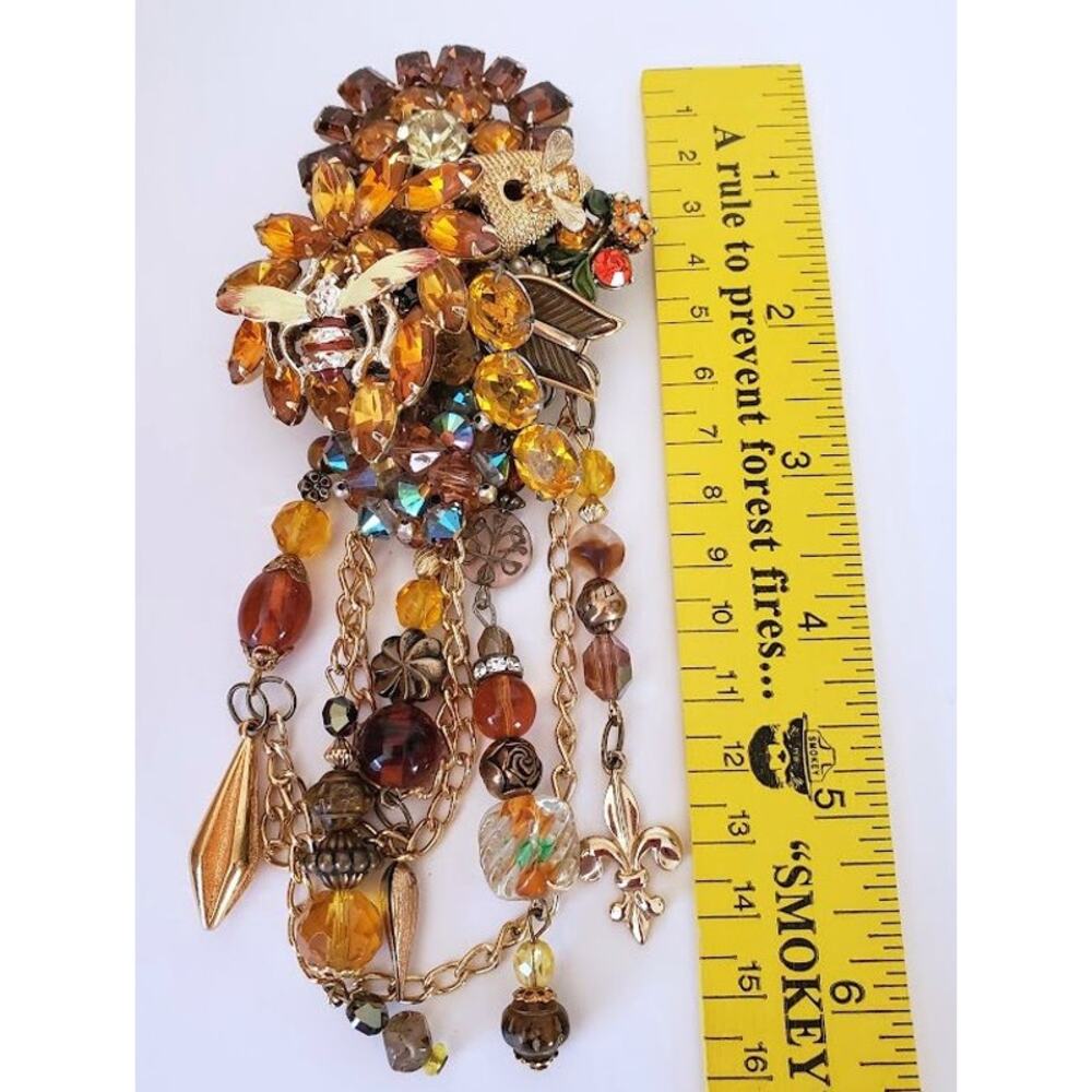 Vintage 90s Lorelei Assemblage Brooch - Amber Rhinestones, Dangles, 7 Inches